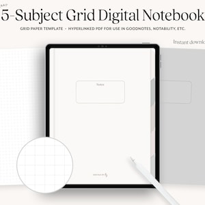 May include: A digital notebook template for Goodnotes, Notability, and other note-taking apps. The template features a grid paper design with five sections for different subjects. The template is displayed on a tablet screen with a stylus pen.