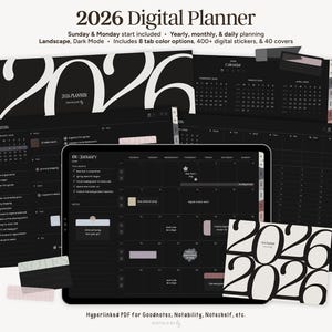 以下が含まれることがあります： 2026年版デジタルプランナー。ダークモードデザインで、年間、月間、日々の計画オプションが含まれています。日曜と月曜始まりで、8つのタブカラーオプション、400以上のデジタルステッカー、40のカバーがあります。Goodnotes、Notability、Noteshelfなどで使用するためのハイパーリンクが設定されています。
