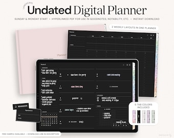 Undated Digital Planner Dark Mode, Goodnotes Planner, Notability Planner, Undated Monthly Weekly Daily, Minimalist Hyperlinked iPad Planner