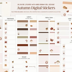 Könnte beinhalten: Eine Sammlung digitaler Sticker mit handgezeichneten Herbstmotiven. Die Sticker umfassen Haftnotizen, Etiketten und Tabs mit Illustrationen von Eicheln, Blättern, Pilzen und Schmetterlingen. Die Farbpalette umfasst Beige-, Braun- und gedämpfte Rottöne.