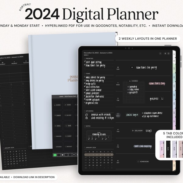 2024 Digital Planner Dark Mode, Goodnotes Planner, Notability Planner, Minimalist Hyperlinked iPad Planner, 2024 Dated Monthly Weekly Daily
