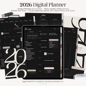 以下が含まれることがあります： 2026年版のデジタルプランナー。タブレットと印刷されたページに表示されています。年間、月間、日間の計画オプションを備えたダークモードインターフェース。8つのタブカラーオプション、400以上のデジタルステッカー、40のカバーが含まれています。「2026 Digital Planner」の文字が見えます。