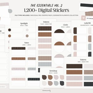 Más de 1200 pegatinas digitales neutras, PNG precortados y elementos de Goodnotes, etiquetas y pestañas de notas adhesivas minimalistas con cinta washi para planificación digital.
