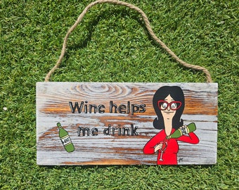 Wine time 12x5.5inch wooden plank Bobs Burgers, Linda Belcher fanart painting.