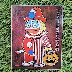 Killer clown sticker. 3inch Holographic Simpsons inspired fanart. Horror sticker art.