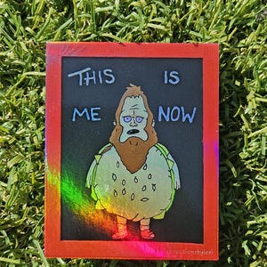 Peut inclure: Un tableau noir avec un cadre rouge présente un personnage de dessin animé avec une barbe et une chemise verte. Le texte sur le tableau noir indique "This is me now".