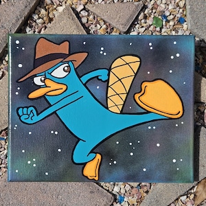 Secret Agent 8x10inch handpainted canvas. Nostalgic cartoon Platypus inspired fanart.