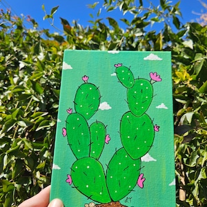 Spring has sprung 5x7 inch acrylic canvas painting. Desert Cactus art. Cactus lovers art.