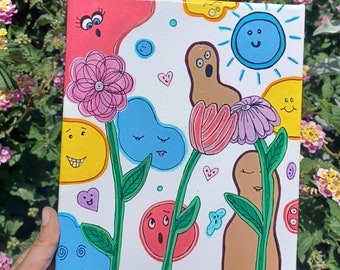 Funky bloementuin schilderij: 8 x 10 cartoon acrylcanvas