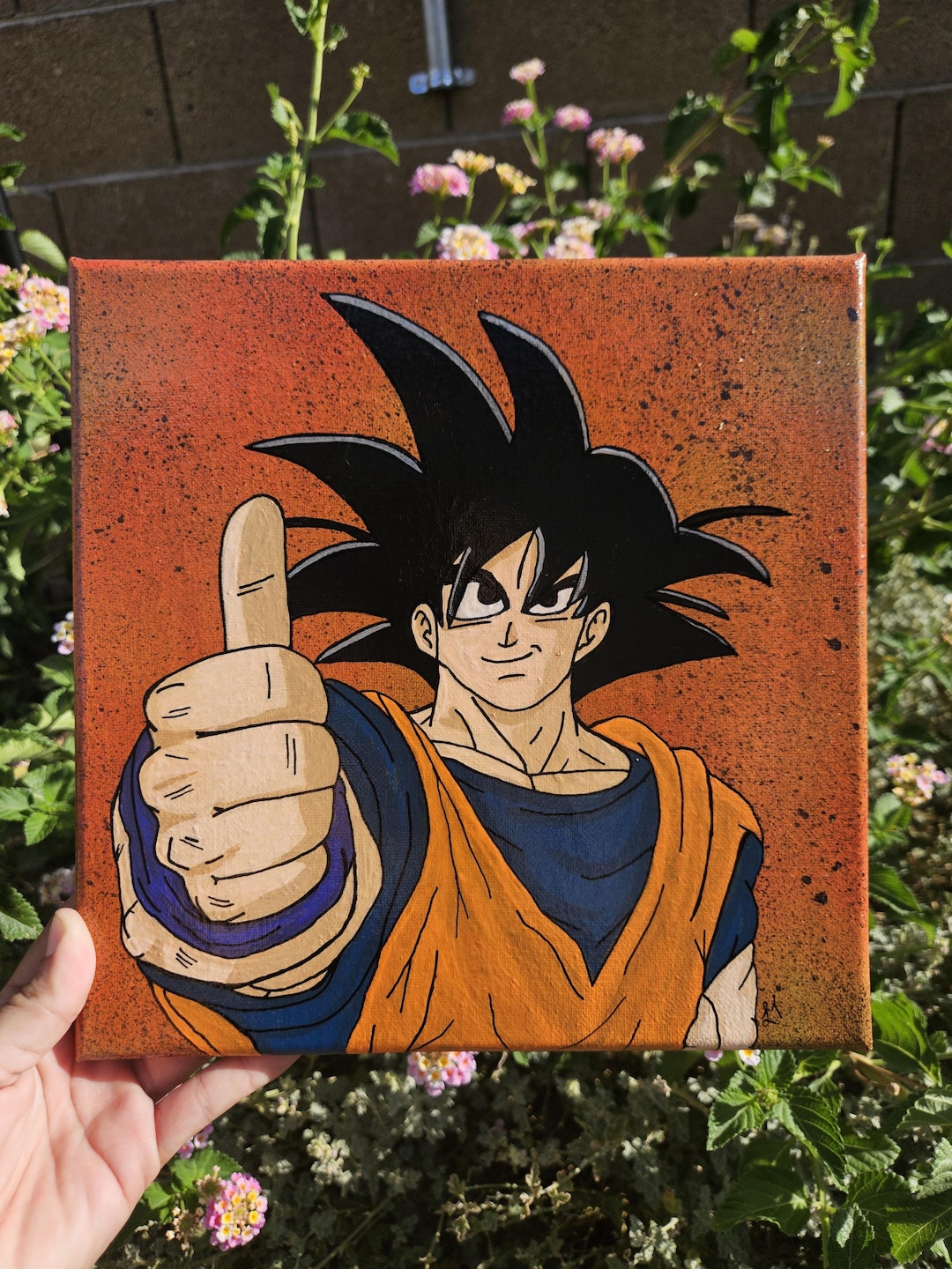 サムズアップ 10 x 10 インチ 手描きアクリル画 悟空をモチーフにした