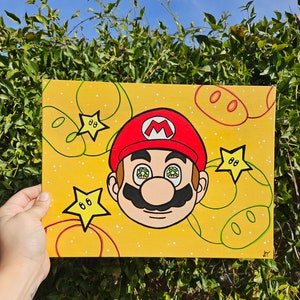Mushroom Power 9x12 canvas painting. 90s Video game nostalgia art.
