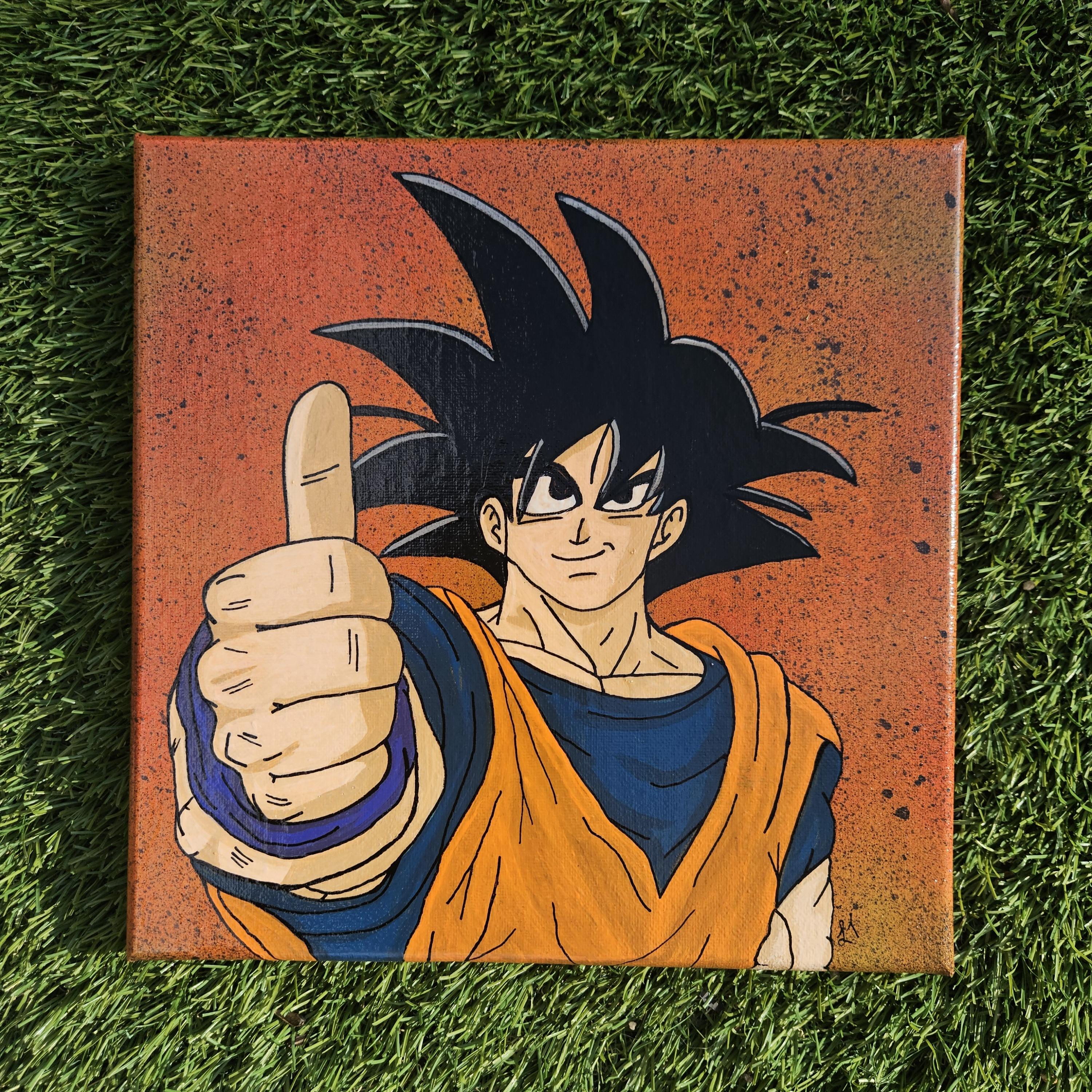 サムズアップ 10 x 10 インチ 手描きアクリル画 悟空をモチーフにした