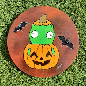 Spooky Kuchi Kopi 10inch round canvas painting. Bobs Burgers fanart. Kuchi kopi Halloween art. Fall. Jackolanterns, art. Halloween decor.