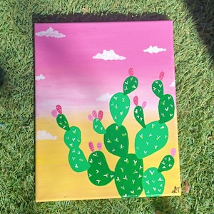 Atardecer en el desierto, lienzo pintado a mano de 20 x 25 cm. Arte inspirado en el desierto de Sonora. Dibujo animado de cactus espinosos.