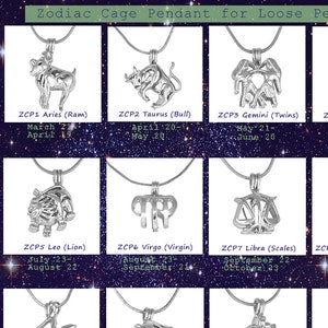 May include: Twelve silver zodiac cage pendants with a chain. Each pendant features a different zodiac sign, including Aries, Taurus, Gemini, Cancer, Leo, Virgo, Libra, Scorpio, Sagittarius, Capricorn, Aquarius, and Pisces. The pendants are displayed against a dark blue background with white stars.