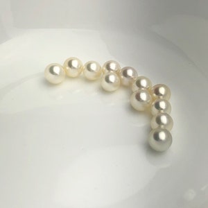 May include: A collection of white pearls arranged in a curved line on a white surface.