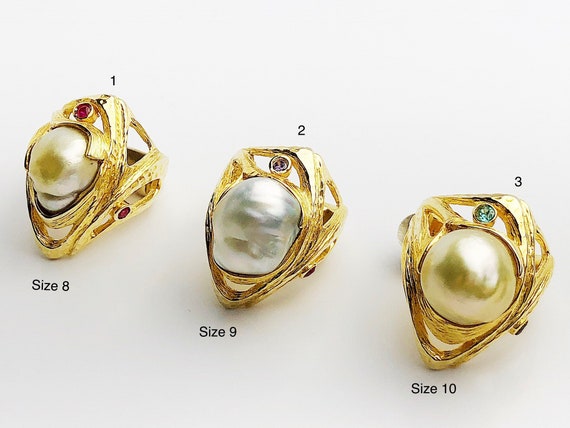 Handcarved Sterling Silver Plated 14K Gold South Sea Pearl Rings - Natural Color - Southsea Pearls - Statement Ring (425 Sz. 8,9,10)