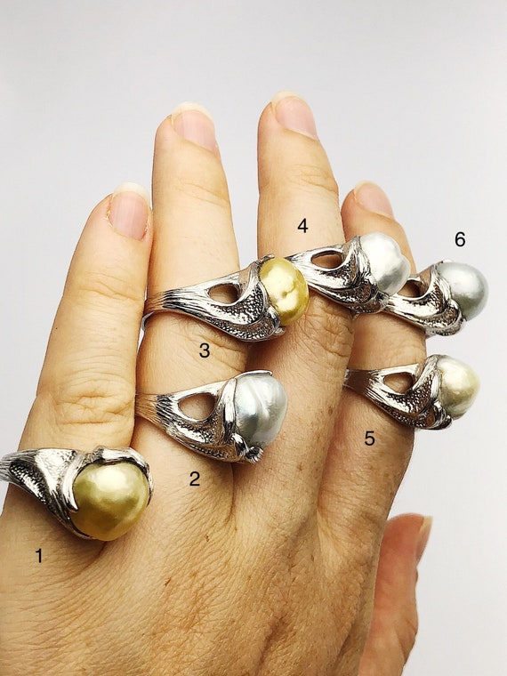 Handcarved Sterling Silver South Sea Pearl Rings - Natural Color - Southsea Pearls - Statement Ring (432 No. 1-6)
