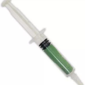 May include: A clear plastic syringe containing a green liquid. The syringe features a plunger, a needle, and a measurement scale. It is positioned diagonally against a white backdrop.