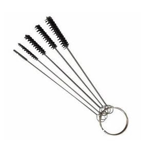 May include: Set of six cleaning brushes with metal handles and black bristles. The brushes are attached to a metal ring.