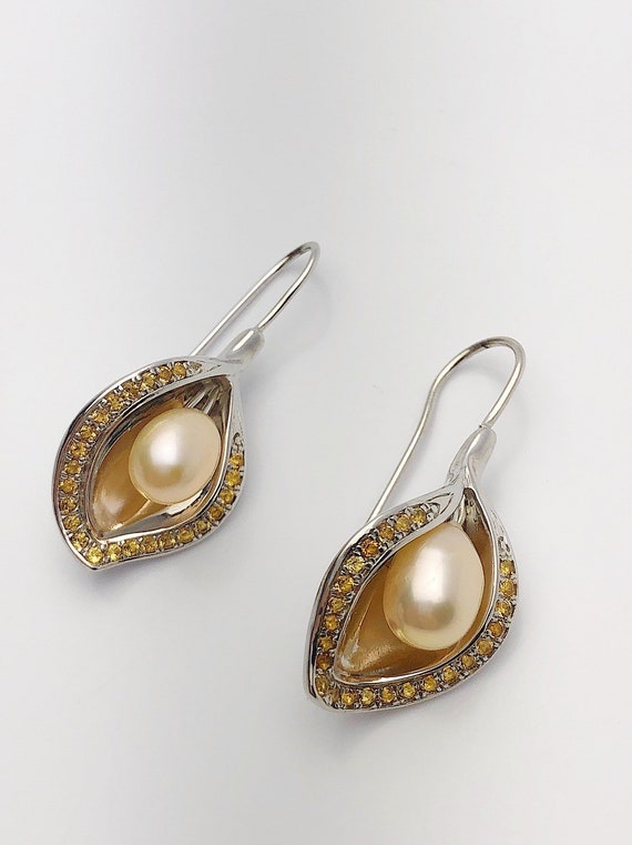 Edison Pearl Earrings with Citrine on 925 Sterling Silver - Statement Earrings - Handmade #768