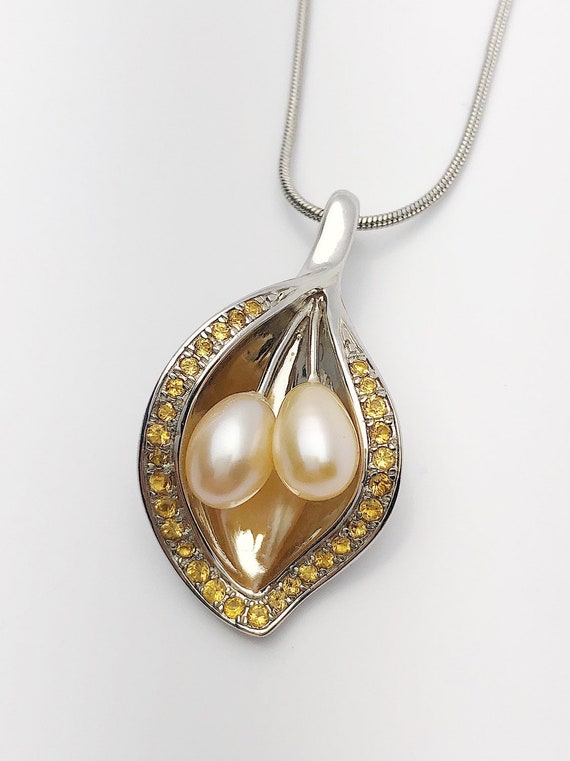 Two Edison Pearl Pendant with Citrine on 925 Sterling Silver - Statement Pendant - Handmade #767