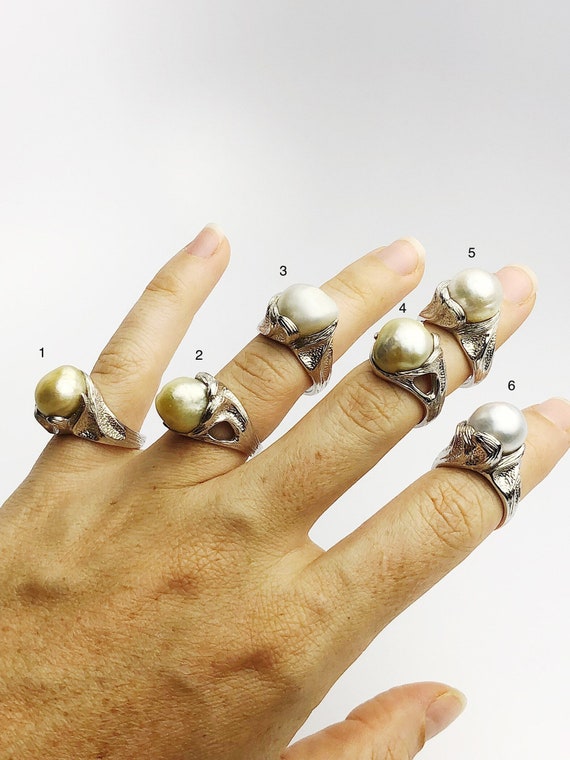 Handcarved Sterling Silver South Sea Pearl Rings - Natural Color - Southsea Pearls - Statement Ring (427 No. 1-6)