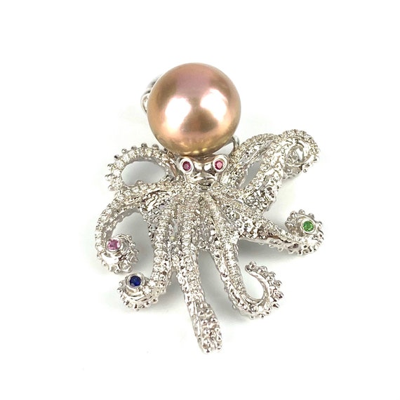 Gorgeous 14K White Gold Octopus 12.15mm Pearl Pendant With Gems