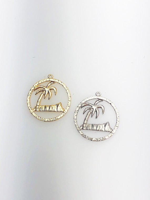 14K Solid Gold Hawaii Diamond Head Palm Tree Charm w/ Ring, 15.5mm, Made in USA (L-26)