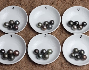 May include: Six white ceramic dishes each hold a collection of lustrous pearls. The pearls vary in color, including shades of gray, black, and iridescent hues. Each dish is numbered from 1 to 6, offering a visual comparison of the pearls.