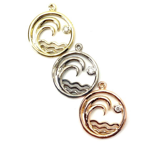 14K solid white gold, yellow gold and rose gold wave charm w/ 0.03 K diamond , SKU# NTC-534