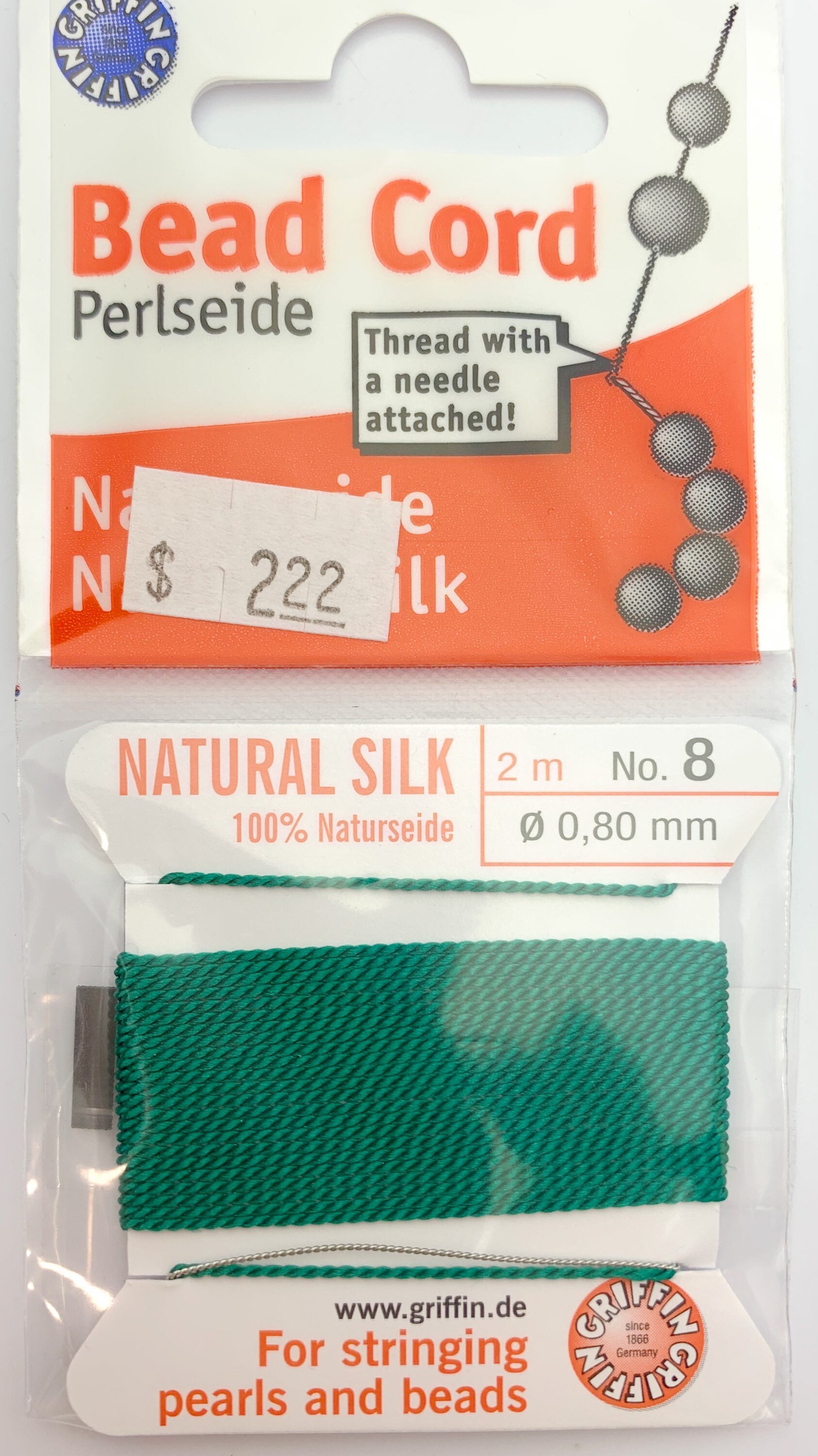 100 Natural Green Silk Beading Cord, 2 Meters