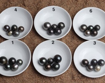 May include: Six white bowls with black numbers 1 through 6 on them. Each bowl contains a group of black pearls.
