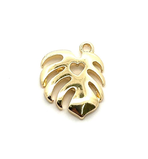 Monstera leaf charm with heart, 14K gold plated