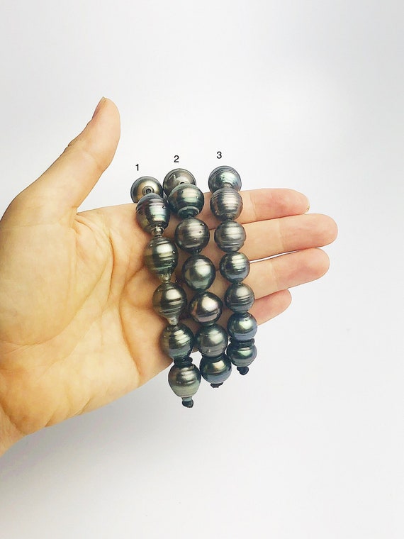 BIG Tahitian Pearl Bracelet on Leather - 16mm to 14mm (399 No. 1-3)