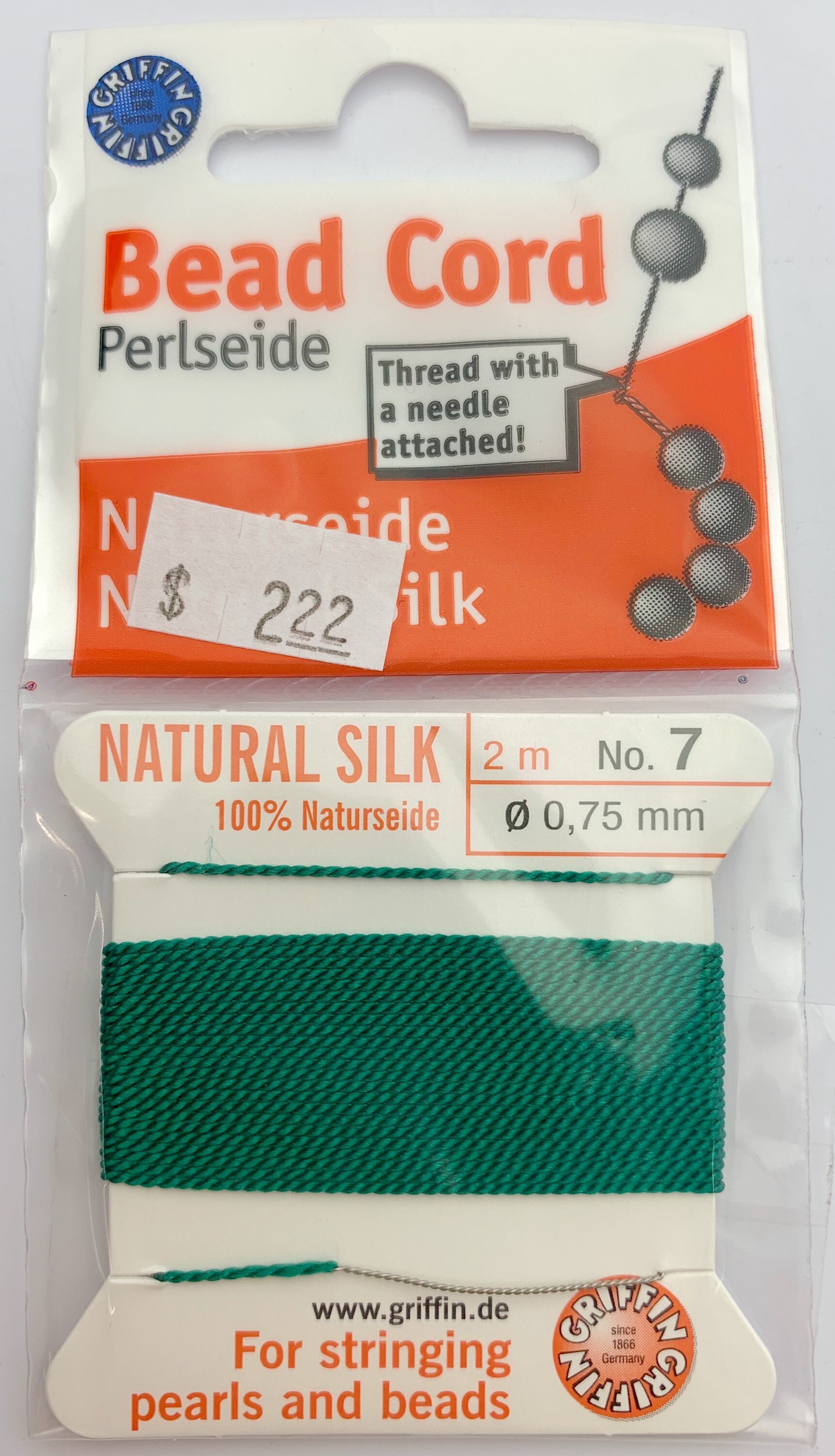 100 Natural Green Silk Beading Cord, 2 Meters