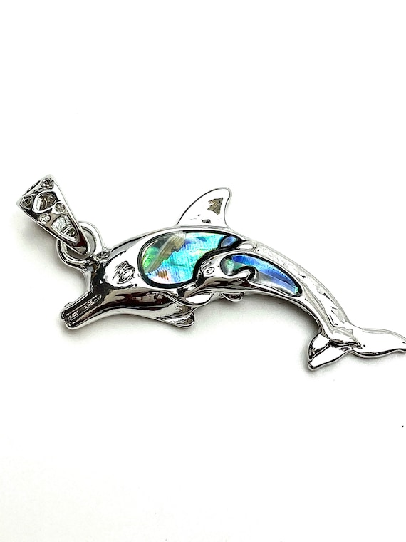 Mother of Pearl Sterling silver mommy & baby dolphin pendant