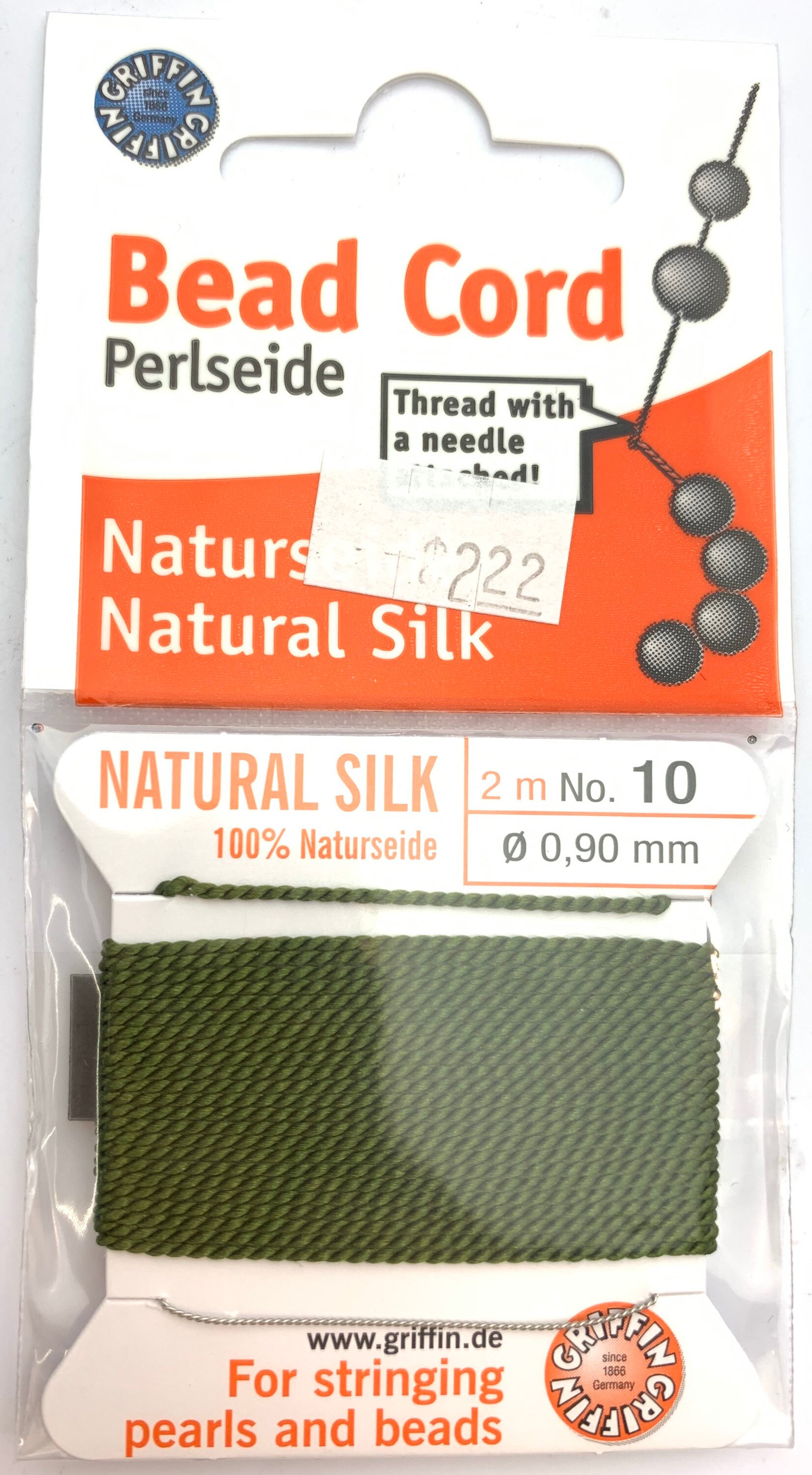 100 Natural Olive Green Silk Beading Cord, 2 Meters