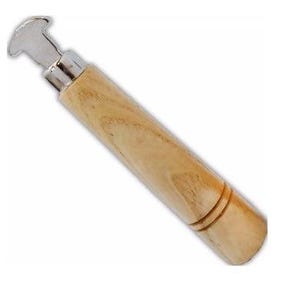 May include: A wooden handled tool with a metal head for making holes in leather or fabric.
