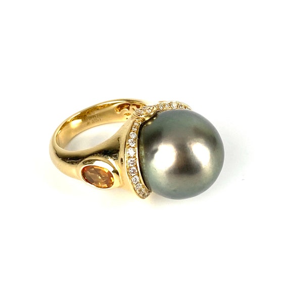 Ravishing 14K Gold Ring W/ 15.30mm Tahitian Pearl, Sapphires, Diamonds, & Beautiful Gallery Work