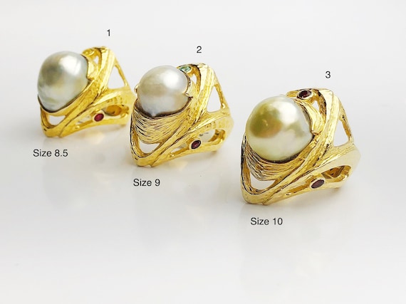 Handcarved Sterling Silver Plated 14K Gold South Sea Pearl Rings - Natural Color - Southsea Pearls - Statement Ring (430 Sz. 8.5,9,10)