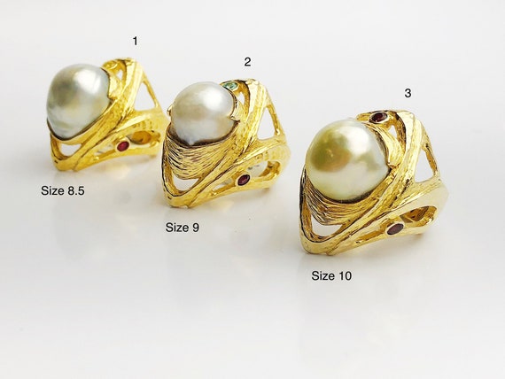 Handcarved Sterling Silver Plated 14K Gold South Sea Pearl Rings - Natural Color - Southsea Pearls - Statement Ring (430 Sz. 8.5,9,10)