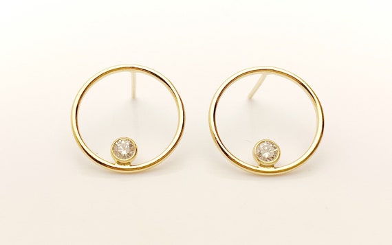 14k Gold Filled 15mm Round Wire Post Earrings w/2mm White Cz Stones (400C15BPM4)