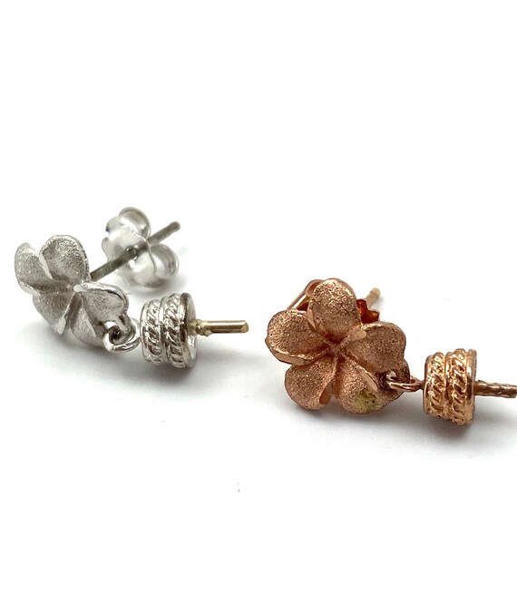 14K solid white and rose gold plumeria stud earrings, SKU# TP-102