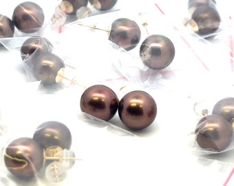 Solid 14K Gold 10mm - 11mm Tahitian Chocolate Stud Earring