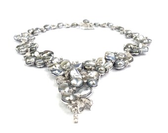 18K White Gold Keshi Tahitian pearls, Diamond Flower Necklace, Sku#043-00422