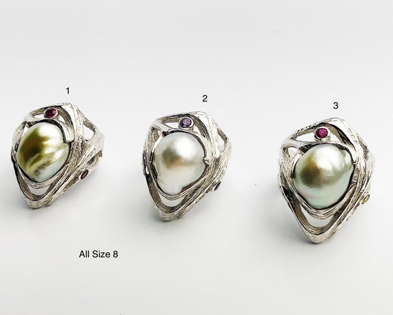 Handcarved Sterling Silver South Sea Pearl Rings - Natural Color - Southsea Pearls - Statement Ring (426 No. 1-3)