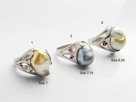 Handcarved Sterling Silver South Sea Pearl Rings - Natural Color - Southsea Pearls - Statement Ring (433 Size 7, 7.75, 8.25)