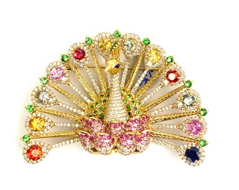 18k Yellow Gold Peacock Pendant or Pin with Diamonds and Sapphires