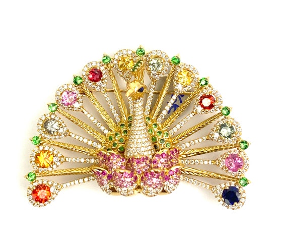 18k Yellow Gold Peacock Pendant or Pin with Diamonds and Sapphires